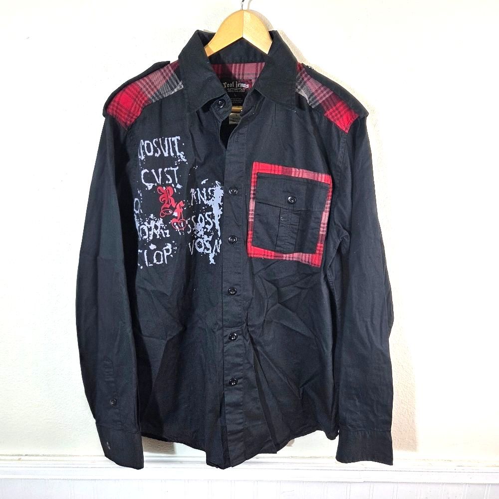 Tool Jeans Y2K Punk Graphic Button Front Shirt Mens L Black Plaid Gothic